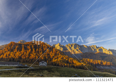 Landscape near Sella di Razzo and Sella di Rioda pass, Carnic Alps, Friuli-Venezia Giulia, Italy 111321471