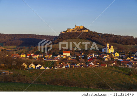 Falkenstein ruins and town with vineyard, Lower Austria, Austria Falkenstein ruins and town with vineyard, Lower Austria, Austria 111321479