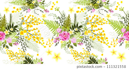 Seamless spring background with mimosa and flowers. Hand drawing. Not AI. Vector illustration 111321558