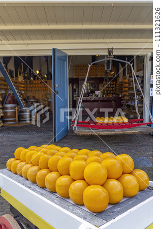 Detail of edam cheeses, town cheese market, Edam, North Holland, Netherlands 111321626