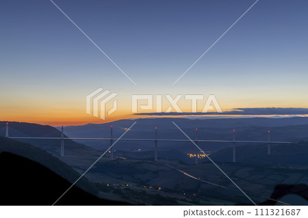 Multi-span cable stayed Millau Viaduct across gorge valley of Tarn River, Aveyron Departement, France 111321687