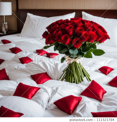 Bouquet of red roses on the bed in a hotel room for honeymoon. romantic meeting of guests at the hotel Bouquet of red roses on the bed in a hotel room for honeymoon. romantic meeting of guests at the hotel 111321784