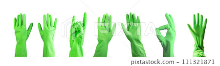 Hands in green rubber gloves for cleaning, showing gestures, ok, rock, hi isolated on white Hands in green rubber gloves for cleaning, showing gestures, ok, rock, hi isolated on white 111321871