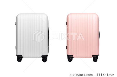 Wheeled suitcase, hand luggage, spinner baggage, carry-on bag mockup isolated on white 111321896