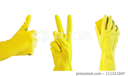 Thumb up, victory gestures, hand in glove with cleaning sponge isolated on white background Thumb up, victory gestures, hand in glove with cleaning sponge isolated on white background 111321897