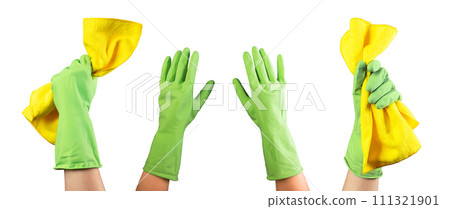 Hands in cleaning gloves holding wiper, cloth, duster, microfiber for cleanup isolated on white 111321901