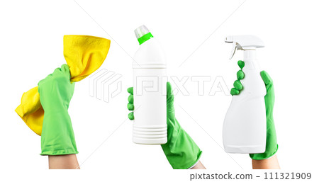 Hands holding detergent bottle packs, WC gel and spray chemical mockups, wiper isolated on white 111321909