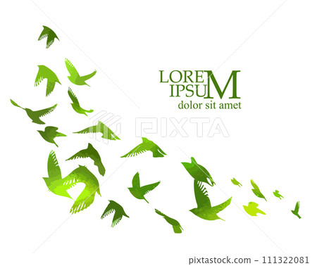 A flock of green watercolor flying birds. Free birds abstraction. hand drawing. Not AI. Vector illustration 111322081