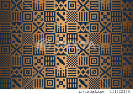 Seamless vector ethnic geometric golden pixel pattern. Abstract mexican background with gold bronze texture. Copper graphic print. Repeating folk sacral grid. Aztec native luxury wrapping paper 111322130