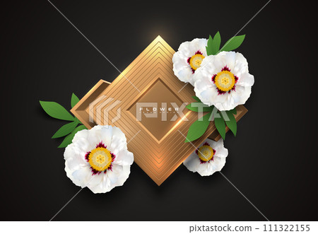 Gold edge rhomb antique luxury logo frame with big white peony flowers. Rhombus golden frame, flower, green leaf on black background. For greeting card, holiday invitation, wedding, birthday Gold edge rhomb antique luxury logo frame with big white peony flowers. Rhombus golden frame, flower, green leaf on black background. For greeting card, holiday invitation, wedding, birthday 111322155