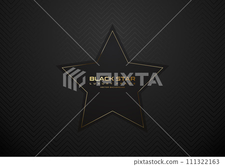 Black label luxury star shape badge banner. Golden text on black sticker label gold frame tag. Dark geometric zigzag pattern background. Vector clear design illustration 111322163