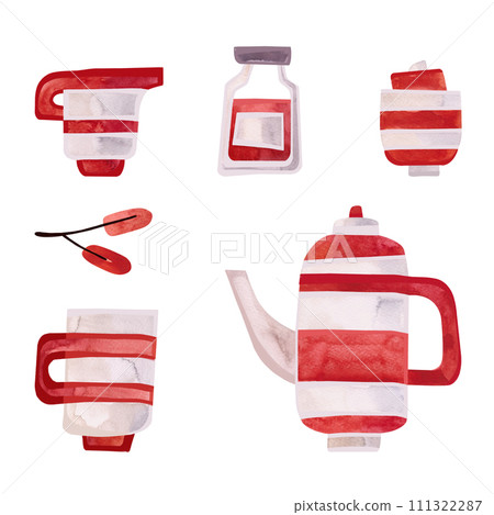 Set of breakfast dishes in red and white stripes: teapot, mug, milk jug, sugar bowl. Jar of jam. Isolated watercolor illustration on white background for cafe design and menu design. 111322287