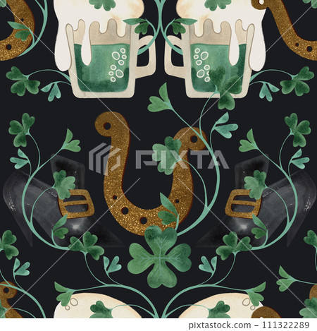 Seamless pattern with symbols of Ireland. Wrapping paper for St. Patrick's Day. Watercolor in vintage style on a black background. Seamless pattern with symbols of Ireland. Wrapping paper for St. Patrick's Day. Watercolor in vintage style on a black background. 111322289