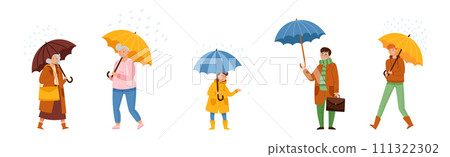 Rain with Man and Woman Walking with Umbrella in Wet Weather Vector Set Rain with Man and Woman Walking with Umbrella in Wet Weather Vector Set 111322302