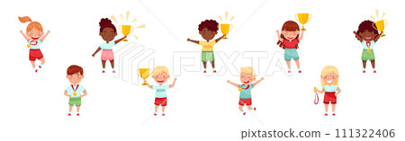 Cute Kids Winner Holding Trophy Cup and Medal Vector Set 111322406