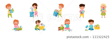 Funny Kids Playing with Different Toys in Playroom Vector Set 111322425