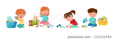 Funny Kids Playing with Different Toys in Playroom Vector Set 111322430