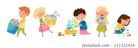 Funny Kids Playing with Different Toys in Playroom Vector Set Funny Kids Playing with Different Toys in Playroom Vector Set 111322434