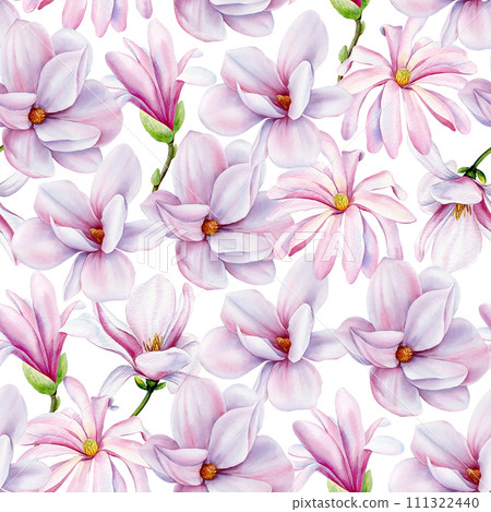 Spring magnolia flowers floral watercolor background Seamless pattern. Beautiful magnolia flower hand drawn illustration 111322440
