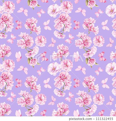 Spring sakura flowers and butterfly, watercolor lilac background. Seamless pattern. Pink floral hand drawn illustration 111322455