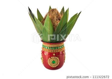 Traditional clay Kalash isolated on white. Hindu and Jain ritual element for puja. Traditional clay Kalash isolated on white. Hindu and Jain ritual element for puja. 111322672