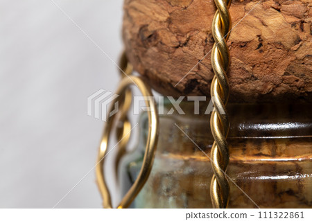 Extreme close up of a champagne bottle with its cork Extreme close up of a champagne bottle with its cork 111322861