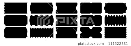 Rectangular coupon frames. Square jagged curved box vouchers. Geometric zigzag wavy stickers. Vector illustration of coupon price labels 111322881