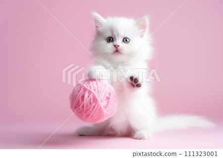 AI-generated content. White kitten playing with pink yarn ball. AI-generated content. White kitten playing with pink yarn ball. 111323001