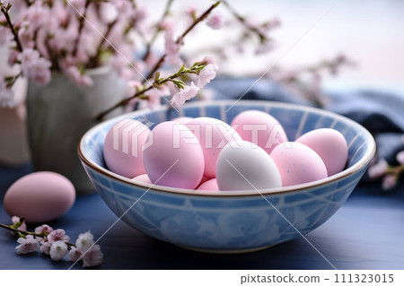 AI-generated content. Pink Easter eggs in a blue plate on the table 111323015