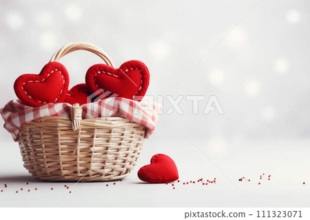 AI-generated content. Hearts in basket, pastel background. AI-generated content. Hearts in basket, pastel background. 111323071