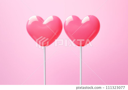 AI-generated content. Two pink heart-shaped lollipops on pink. AI-generated content. Two pink heart-shaped lollipops on pink. 111323077