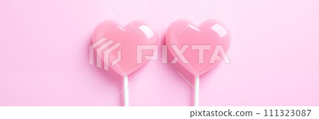 AI-generated content. Two pink heart-shaped lollipops on pink. AI-generated content. Two pink heart-shaped lollipops on pink. 111323087