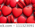AI-generated content. Red macarons and heart shapes scattered. 111323091