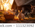 AI-generated content. Cute rabbit in basket with autumn eggs. 111323092