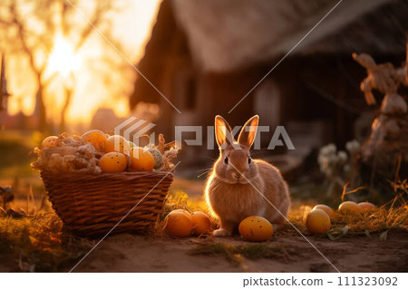 AI-generated content. Cute rabbit in basket with autumn eggs. AI-generated content. Cute rabbit in basket with autumn eggs. 111323092
