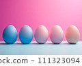 AI-generated content. Gradient colored eggs in a row on pink backdrop. 111323094