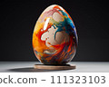 AI-generated content. Blurred egg-shaped object on wooden stand. 111323103