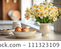AI-generated content. Rustic kitchen, fresh eggs, floral arrangement. 111323109