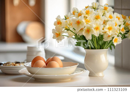 AI-generated content. Rustic kitchen, fresh eggs, floral arrangement. AI-generated content. Rustic kitchen, fresh eggs, floral arrangement. 111323109
