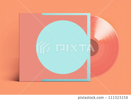 Retro vinyl record mockup from 80s on peach color background. Minimalistic illustration in retro futuristic style. Musical album cover concept. 111323158