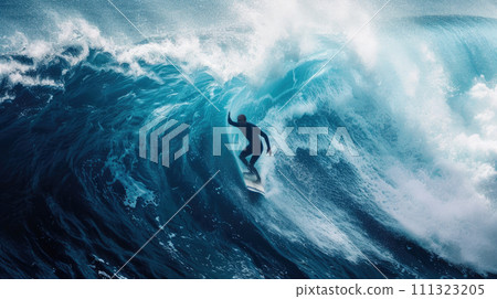 Surfer rides big ocean wave, man surfs in sea, view of person sliding in water barrel. Concept of sport, travel, extreme, fun, vacation, beach and summer 111323205