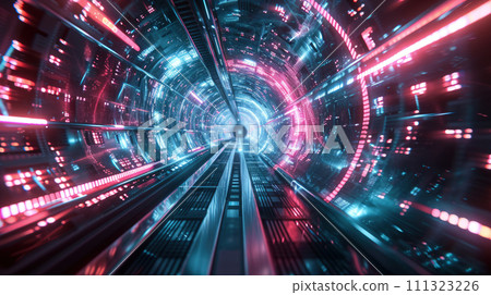 Digital tunnel in cyber space or futuristic tech road, abstract background. Perspective of cyberspace with neon data light. Concept of technology, future, network, security 111323226