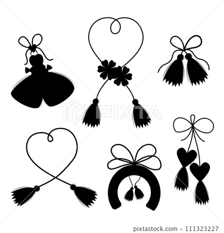 Collection Martisor holiday silhouettes. Martenitsa talisman. Isolated vector black drawings amulets. Moldovan, Romanian and Bulgarian symbol for spring beginning. 1 March 111323227