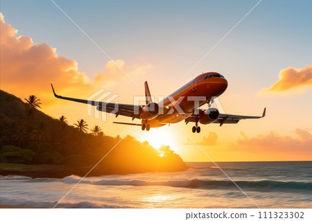 AI-generated content. Low Flying Airplane. Sunset with Palm Trees and Ocean Beach. AI-generated content. Low Flying Airplane. Sunset with Palm Trees and Ocean Beach. 111323302