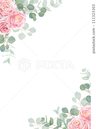 Eucalyptus and pink roses branch watercolor hand drawn floral frame, edge, border. Botanical painting of greenery leaves, pink flowers. Element of wedding invitation, print, greeting, textile, packing Eucalyptus and pink roses branch watercolor hand drawn floral frame, edge, border. Botanical painting of greenery leaves, pink flowers. Element of wedding invitation, print, greeting, textile, packing 111323303