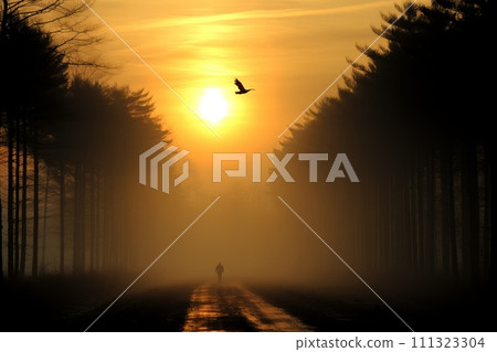 AI-generated content. Mysterious Human Figure Emerging from Mist on a Path Edged by Forest. AI-generated content. Mysterious Human Figure Emerging from Mist on a Path Edged by Forest. 111323304