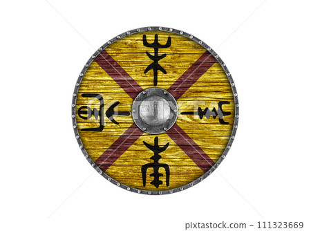 Old decorated wooden round shield isolated on white background 111323669