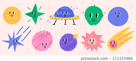 Space-themed set. Trendy doodle icons with textures. Vector contemporary illustration with elements for design. Vibrant colors 111323966