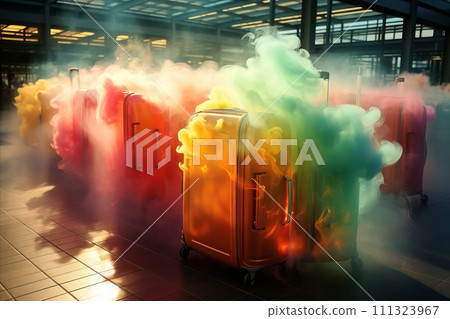 AI-generated content. Vivid Smoke-Filled Suitcases in an Expansive Room, Adding a Burst of Color and Ambiance 111323967