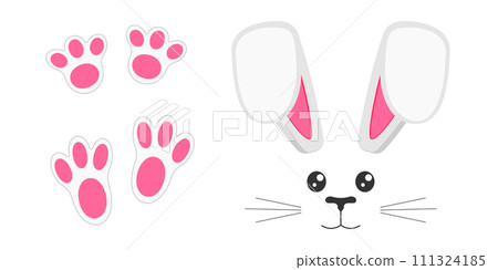 Cute bunny muzzle with ears, eyes, nose, mouth, mustaches and paws. Decoration elements for Easter party, photo shoot, greeting or invitation card, celebration banner 111324185